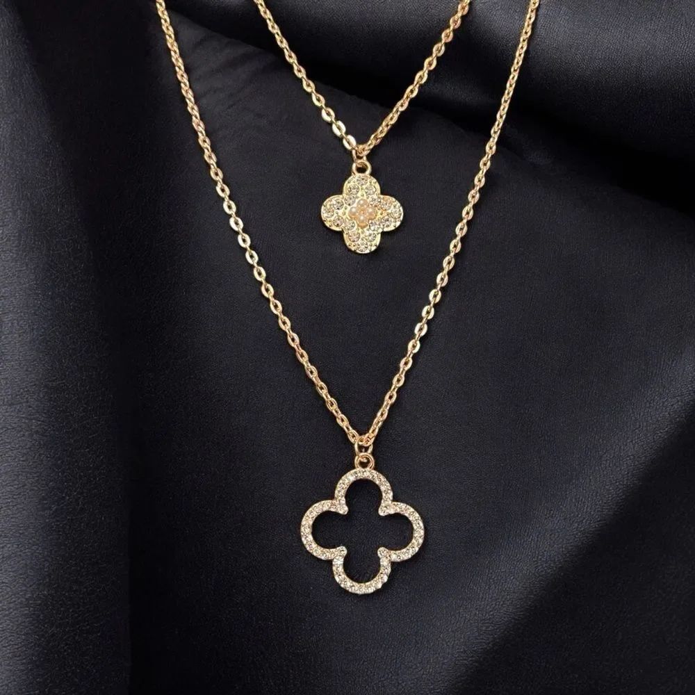 💎2/$30💎 Gold Clover Rhinestone Double Strand Pendant Necklace